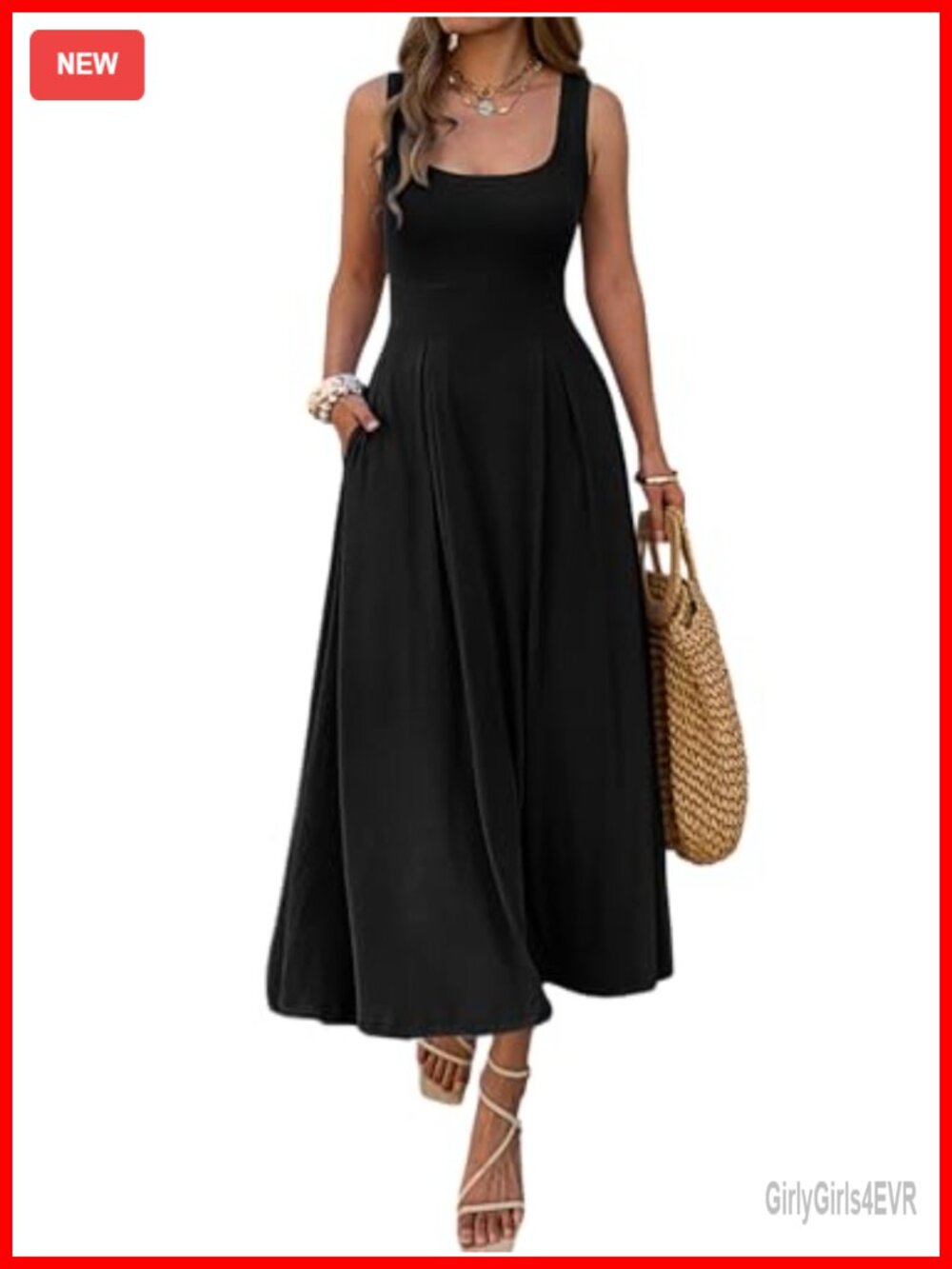 Women's Sleeveless Maxi Dress Square Neck A-Line Pleated Flowy with Pockets